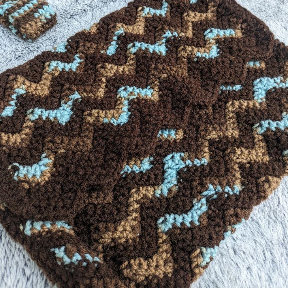 Handmade Crocheted Ripple Shoulder‎ Bag & Accessory Pouch Set Blue & Brown